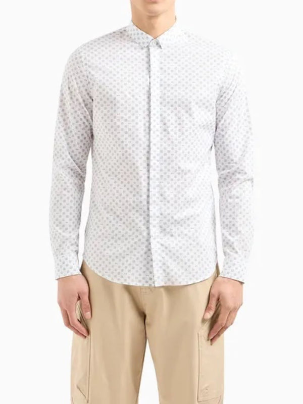 Armani Exchange Camicia in Popeline di Cotone Fantasia Rombi Bianco