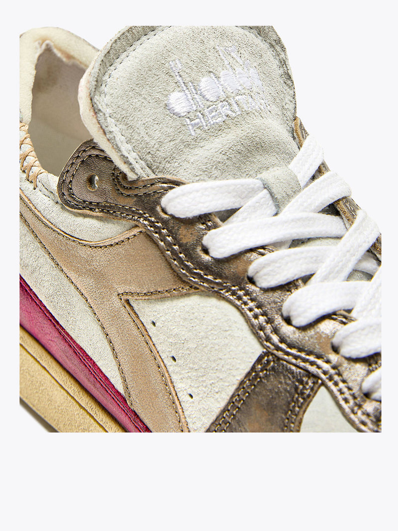 Sneaker Bassa Mi Basket Row Cut Metal Pigskin Used White Fucsia Red