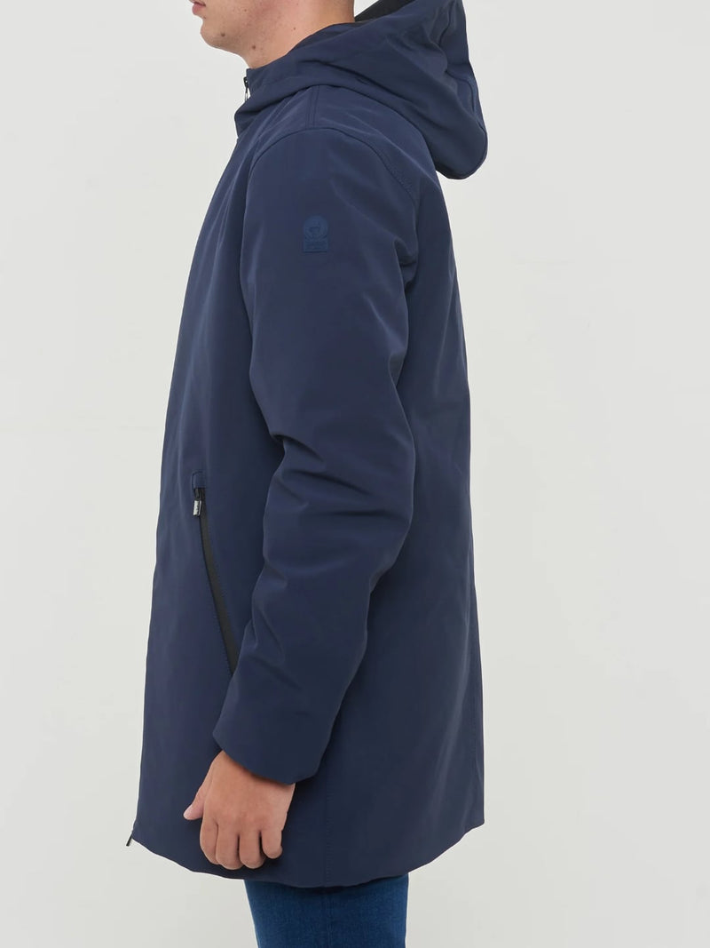 Giacca In Softshell Blu Con Cappuccio Fisso Herdo