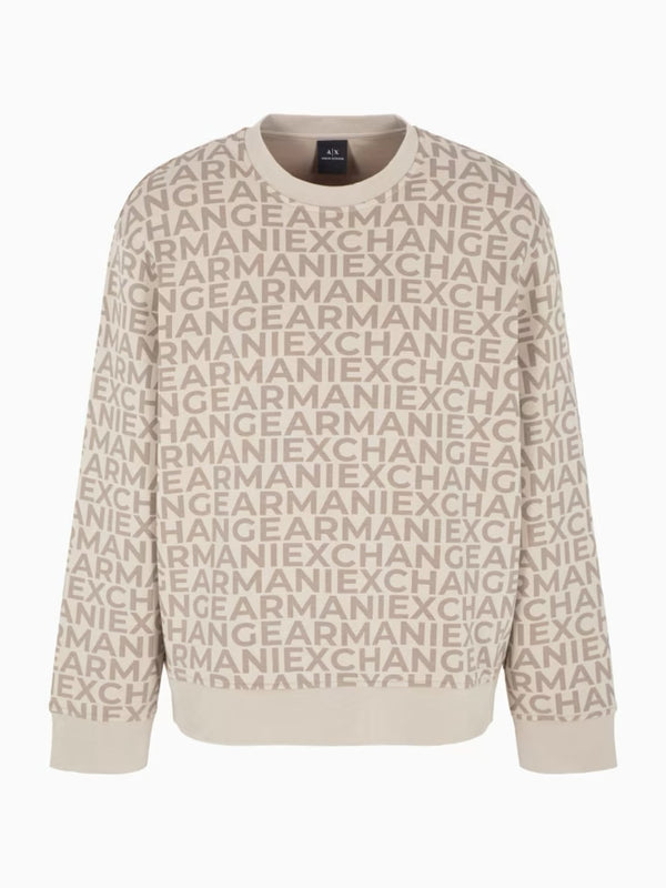 Armani Exchange Felpa Girocollo Con Cotone Bonded Con Logo Allover Tono Su Tono Beige