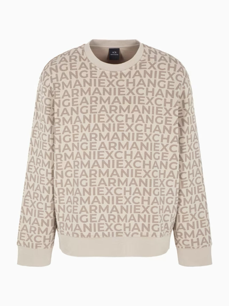 Armani Exchange Felpa Girocollo Con Cotone Bonded Con Logo Allover Tono Su Tono Beige