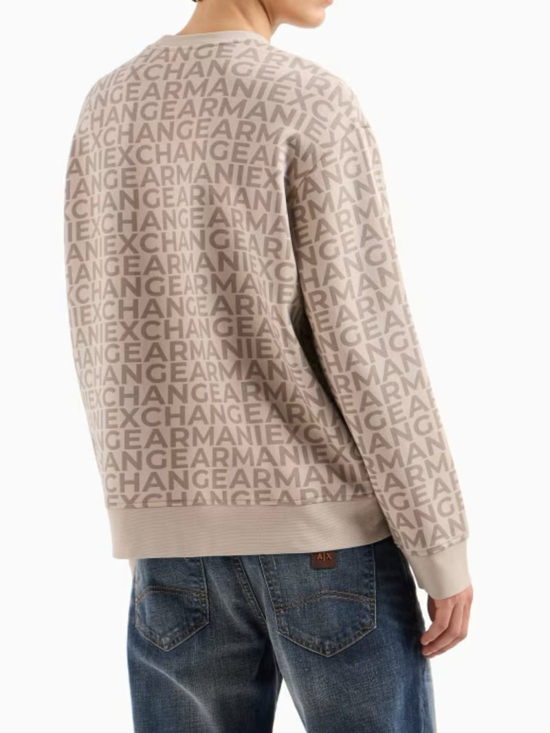 Armani Exchange Felpa Girocollo Con Cotone Bonded Con Logo Allover Tono Su Tono Beige