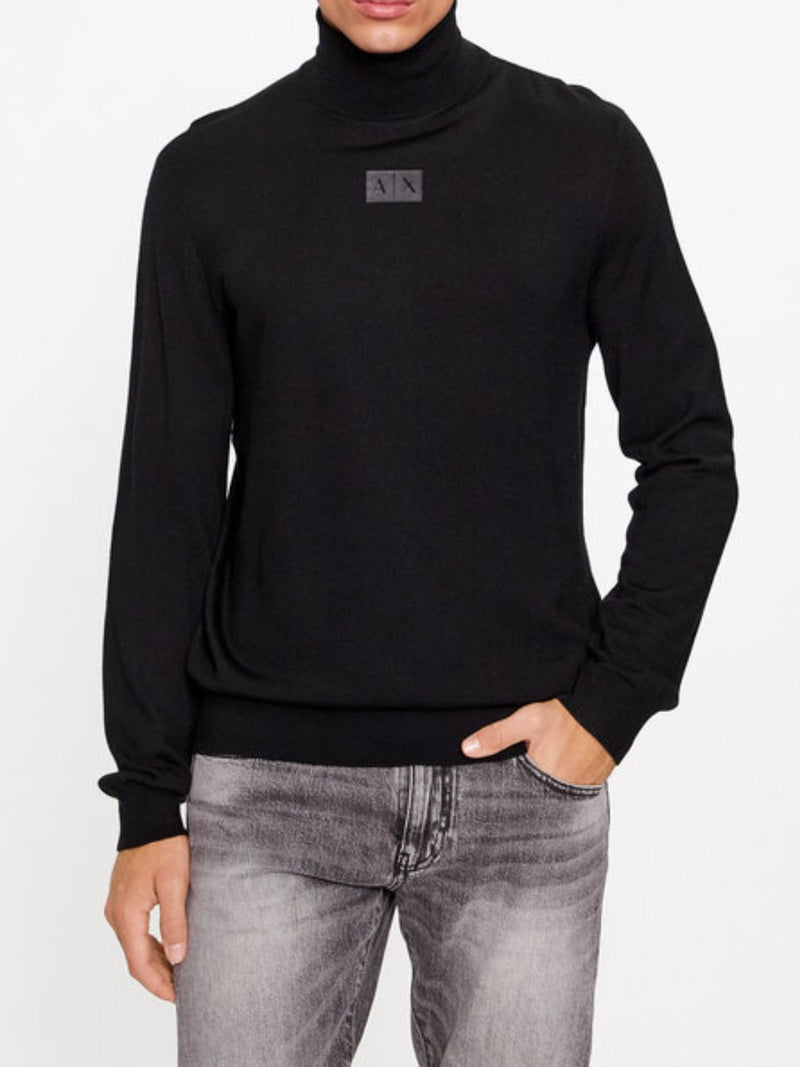 Armani Exchange Pullover dolcevita in misto lana logo patch sul petto Nero