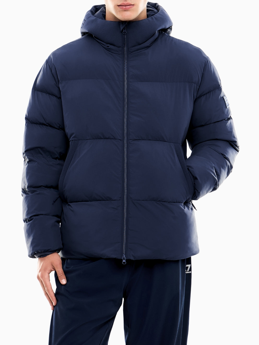 EA7 Emporio Armani Bomber over imbottito con cappuccio e logo Armani Blue
