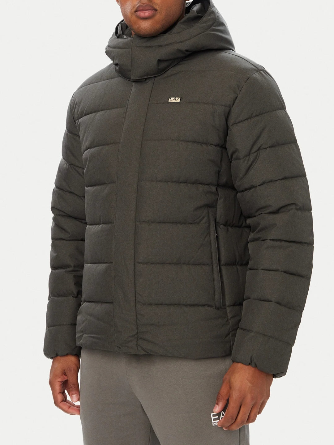 EA7 Emporio Armani Giubbotto da uomo imbottito con cappuccio e logo Grigio Scuro