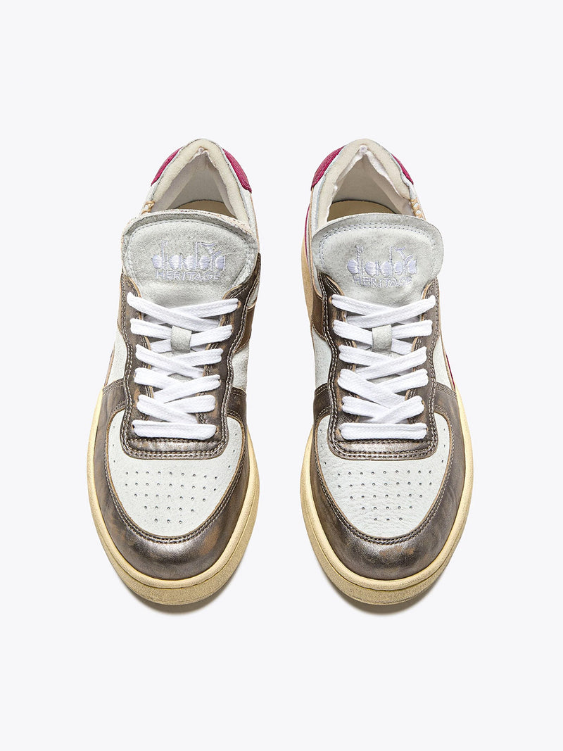 Sneaker Bassa Mi Basket Row Cut Metal Pigskin Used White Fucsia Red
