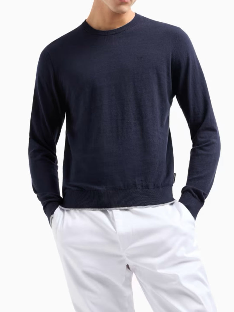 Armani Exchange Pullover girocollo basic cotone cachemere logo ricamato lato cuore Blu