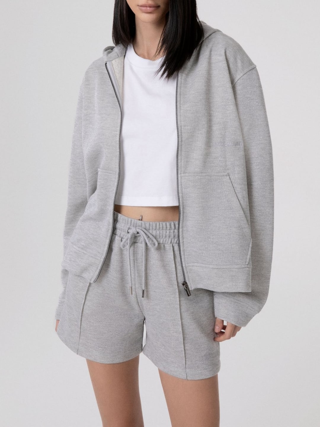 Hinnominate Felpa Lurex Cappuccio Full Zip Con Marsupio Grigio Melange Sbiancato