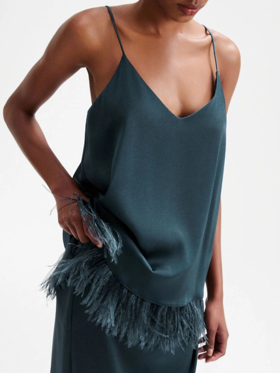 MARELLA Slip top in satin con piume Blu Aviazione