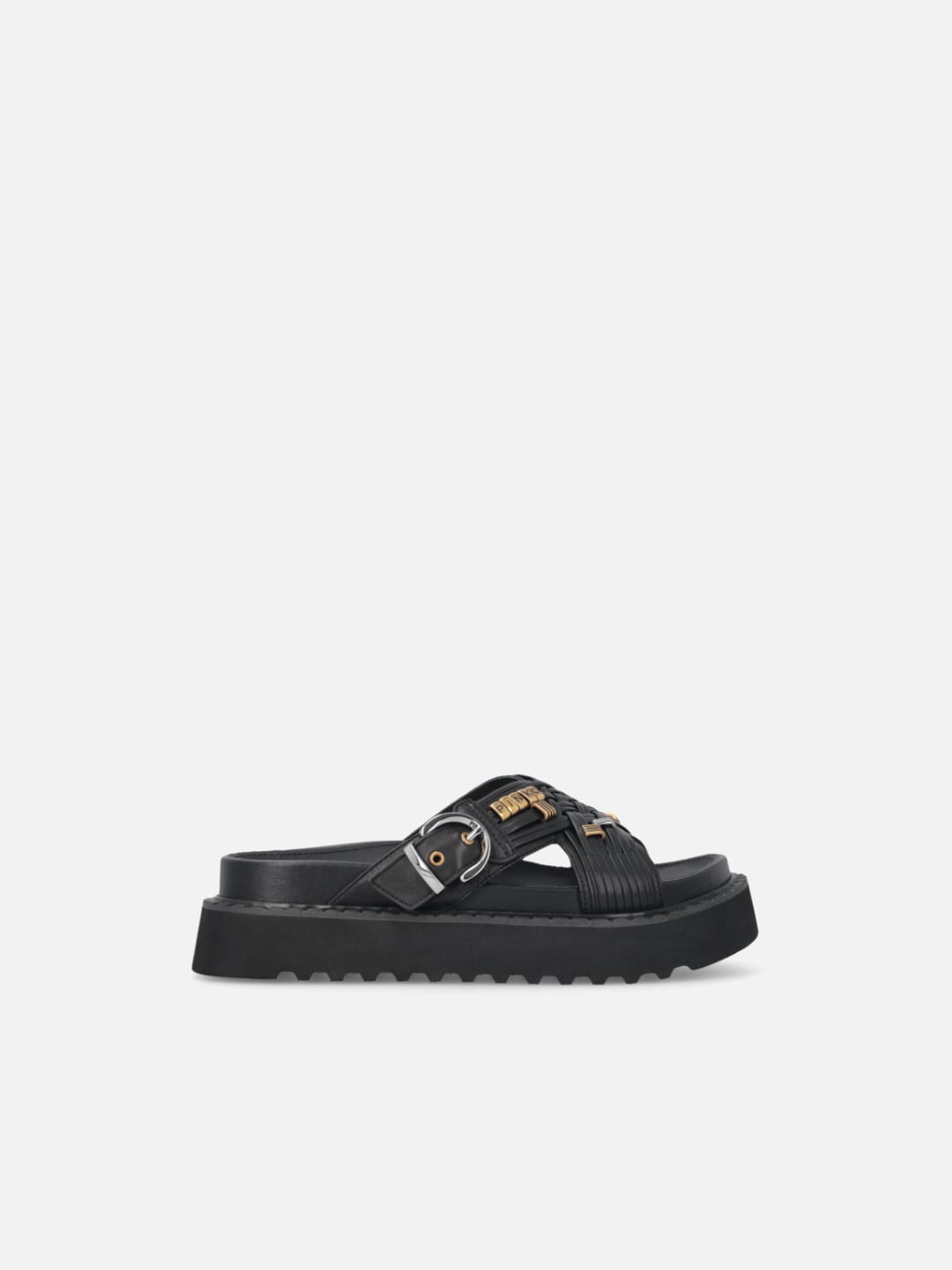 Pinko Sandali slide in nappa intrecciata con anelli metallici Nero