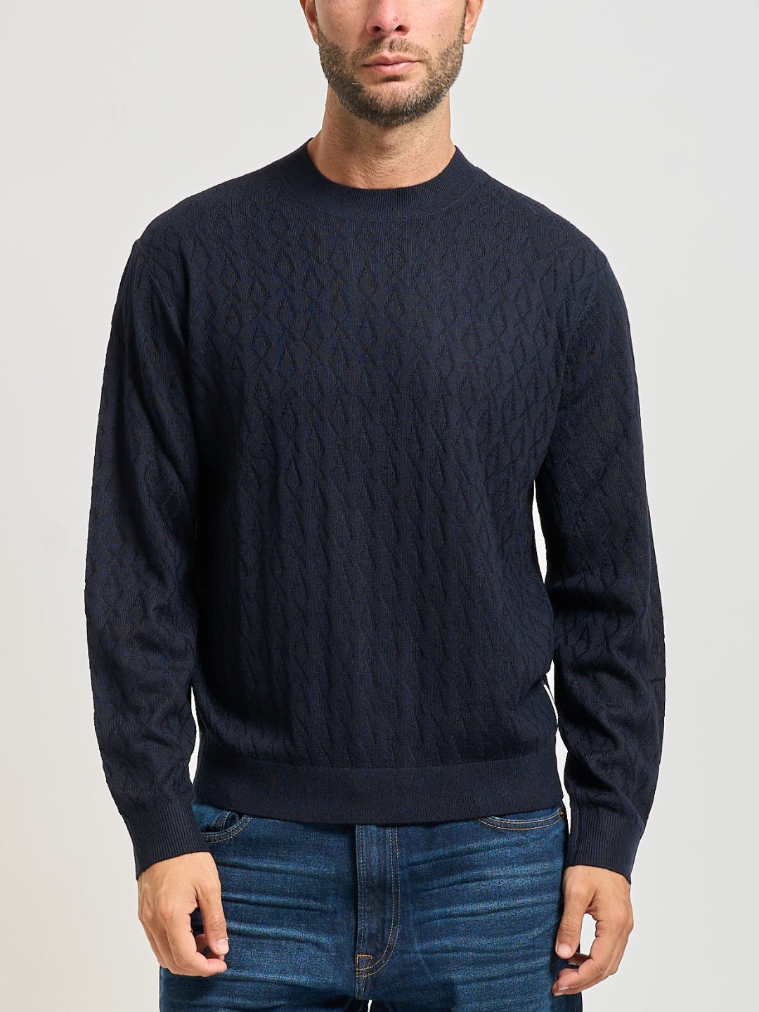 Armani Exchange Maglione a Girocollo Lavorazione a Onde Blu Navy