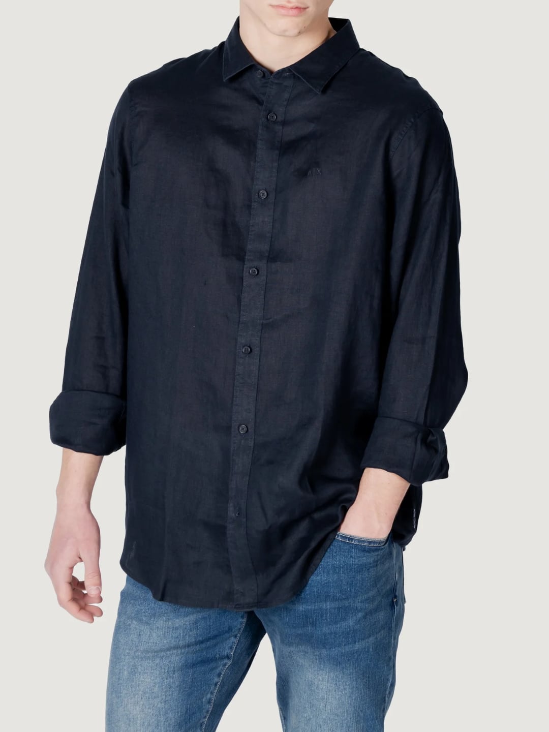 Armani Exchange Camicia in Lino a Maniche lunghe Deep Navy