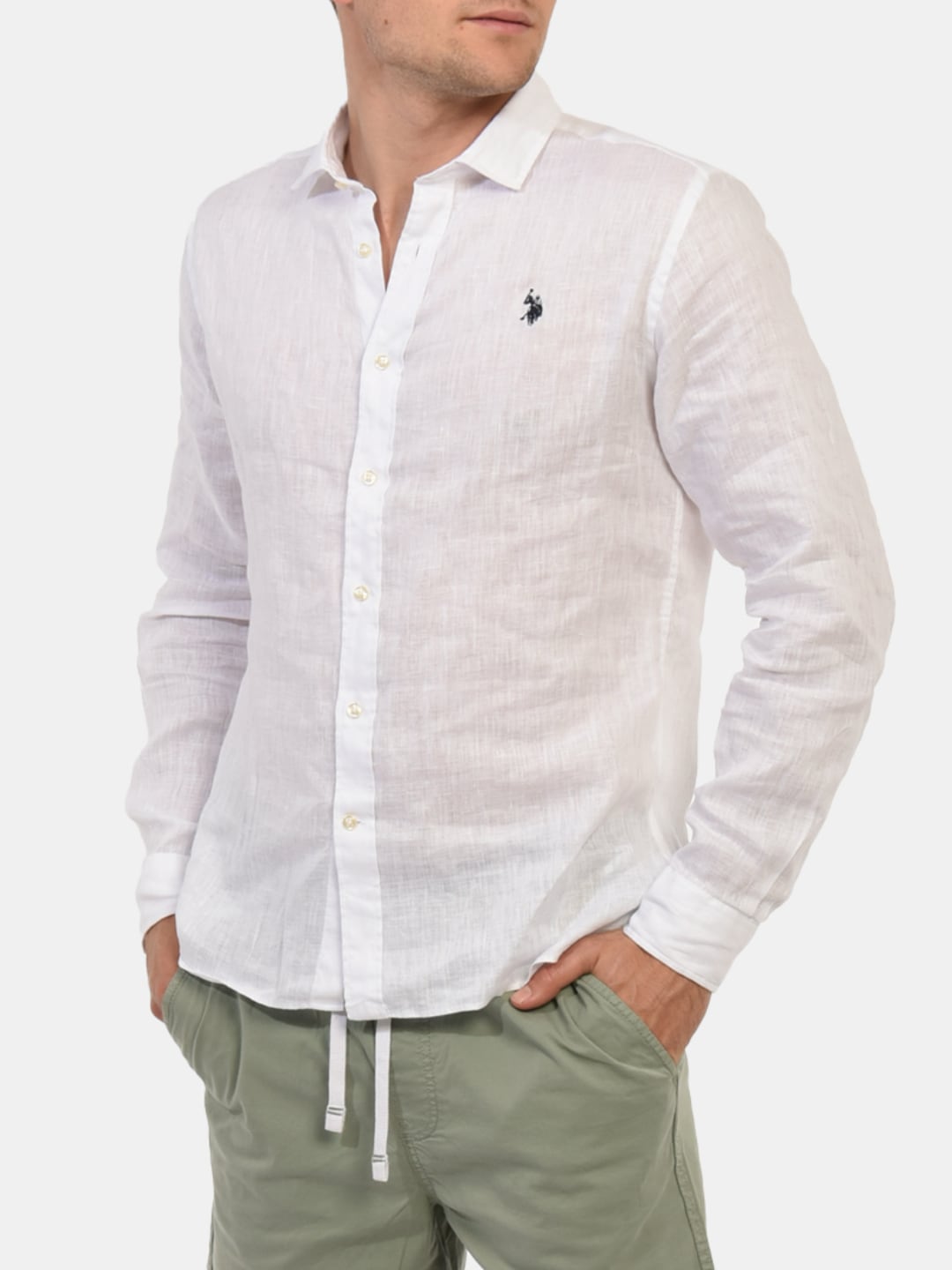 Us Polo Assn Camicia manica lunga Cale in Lino Bianco
